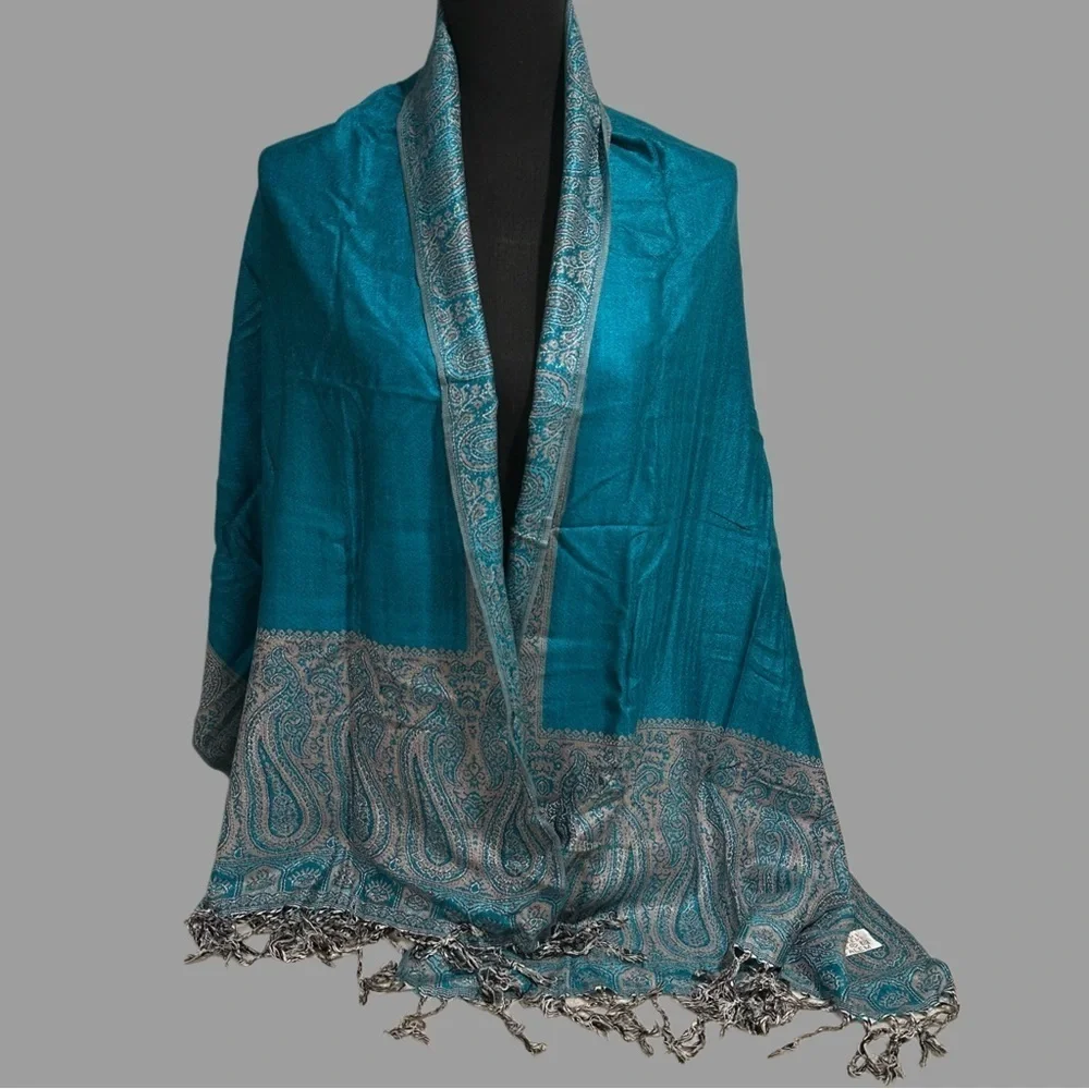 Elegant Large Shawl Wrap Double-sided Super Soft Quality Rayon Silver Aquamarine